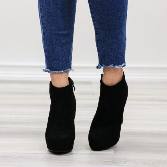 Platform Black Suede Ankle Heeled Booties - Picture 2 of 12